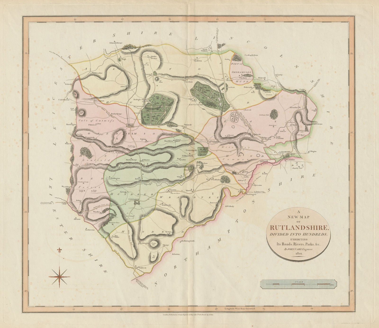 'A New Map of Rutlandshire', by John Cary. Uppingham Oakham. County map 1801
